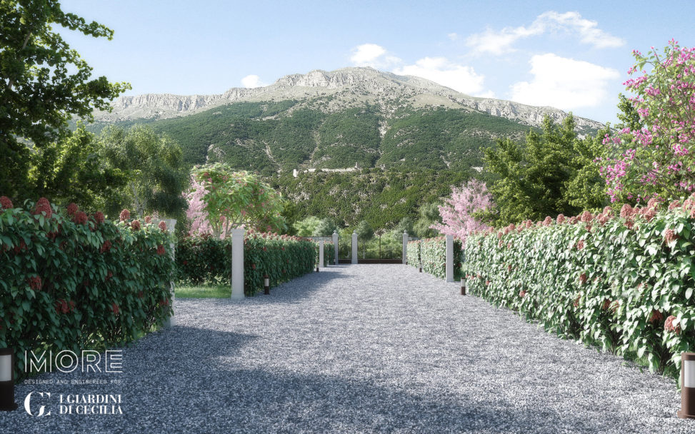 Vista panoramica dai Giardini di Cecilia - progetto ville di lusso prefabbricate su misura di Moretti MORE nel comune di Botticino, a Brescia (Lombardia).