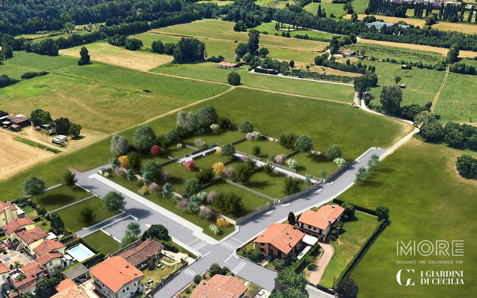 Panoramica dall'alto del terreno per il progetto dei Giardini di Cecilia - ville di design a progetto su misura chiavi in mano realizzato da Moretti MORE nel comune di Botticino, a Brescia (Lombardia).