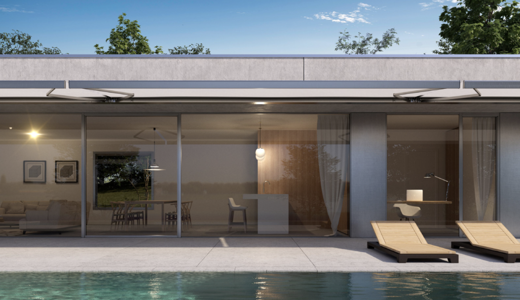 Interno lussuoso di una camera in una villa moretti more su misura con esterno piscina