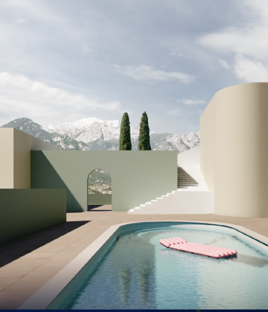 Vista panoramica sulle montagne dalla piscina di una villa prefabbricata di lusso Moretti MORE.