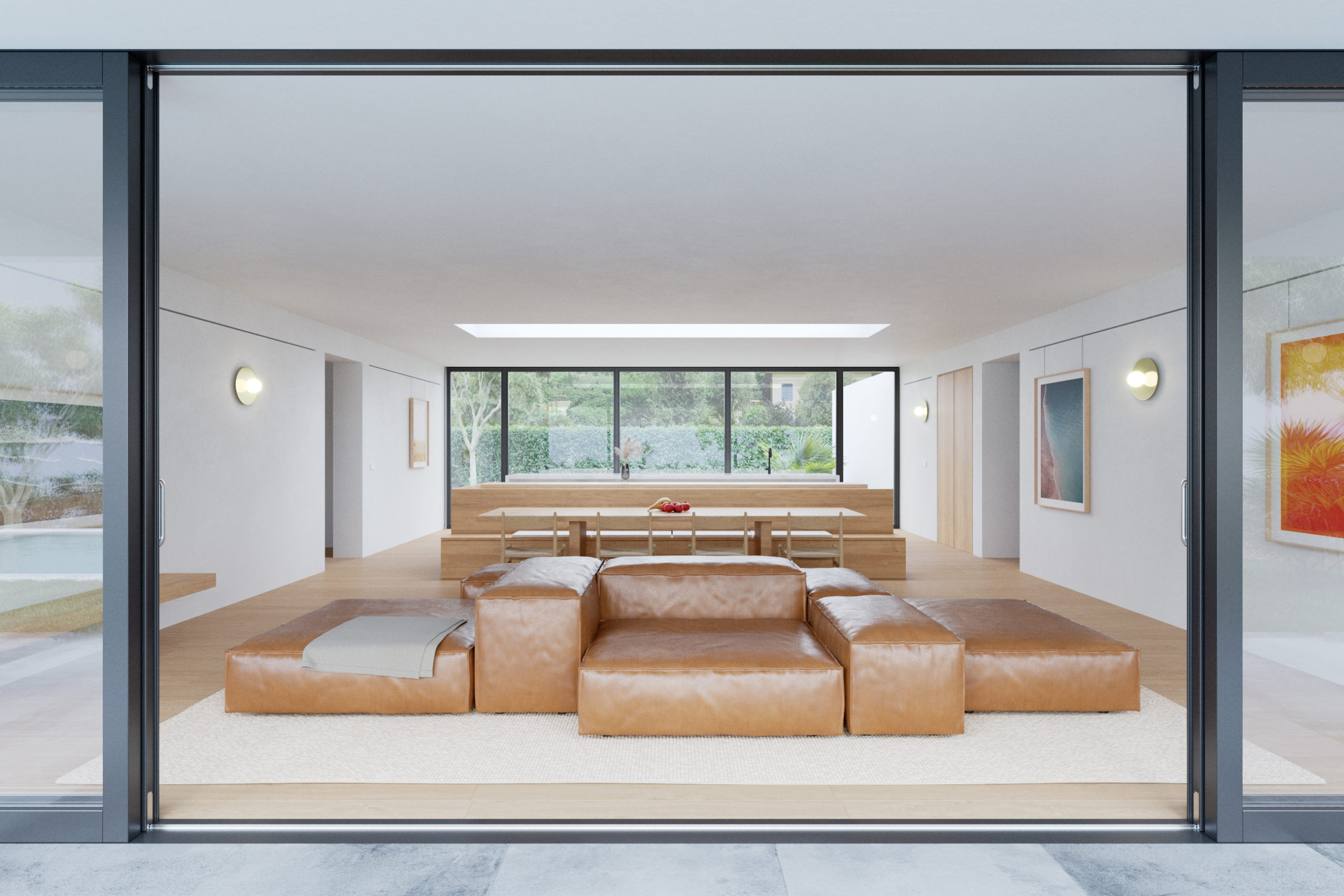 Interno di design del living di una villa moderna di lusso progettata chiavi in mano da Moretti More.